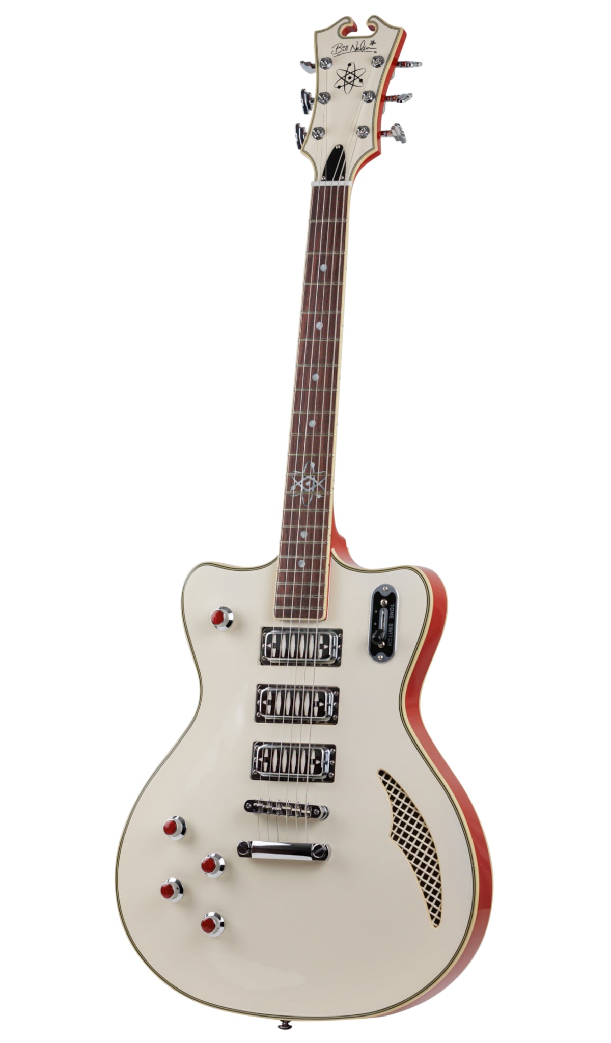 Eastwood Guitars Bill Nelson Astroluxe Cadet Vintage Cream and Fiesta Red LH #color_vintage-cream-and-fiesta-red